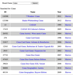 Board Game look up tool screenshot